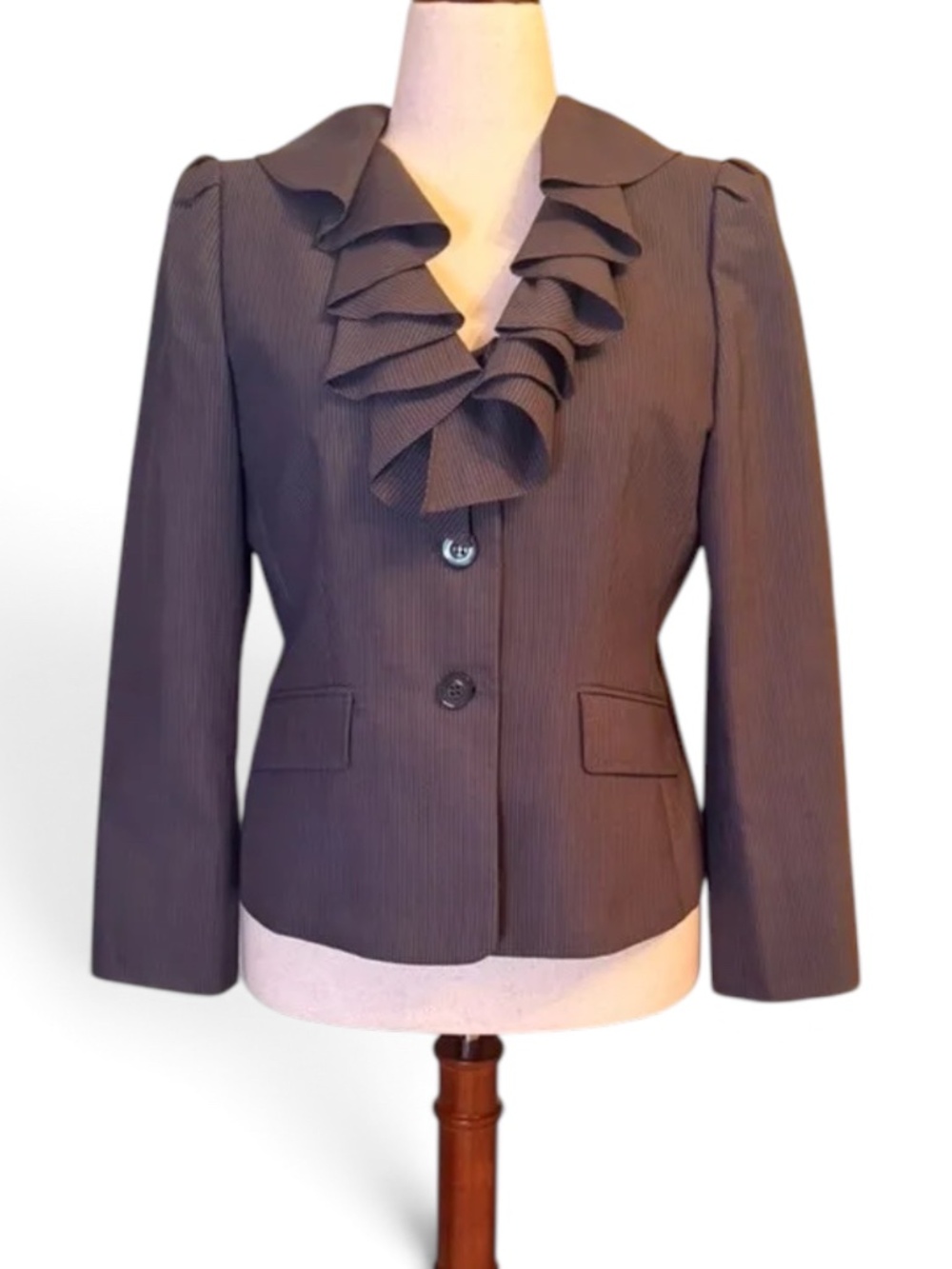 Anne Klein Gray Pinstripe Ruffle Blazer Jacket 12P Petite